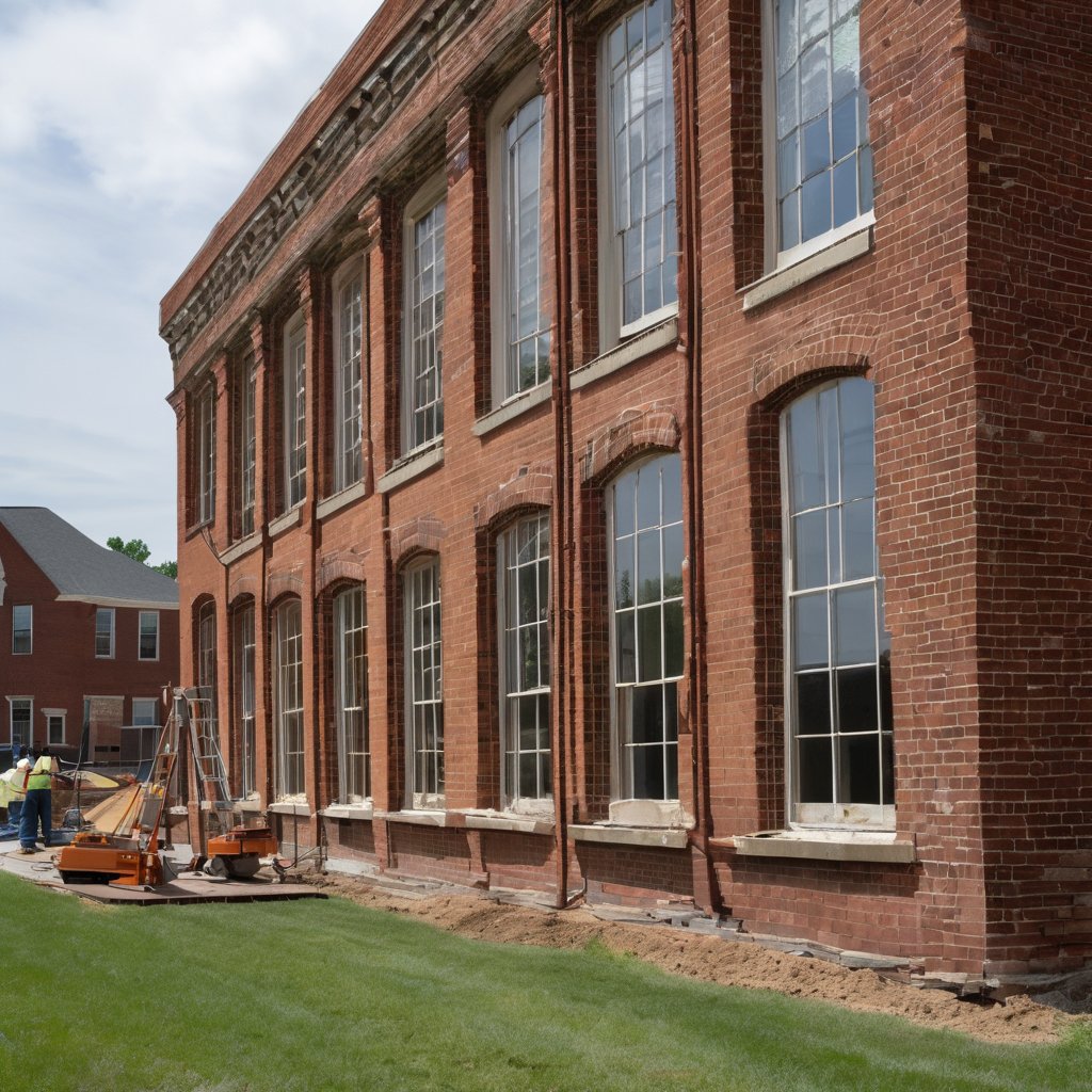 Professional restoration team collaborating on brick building preservation work