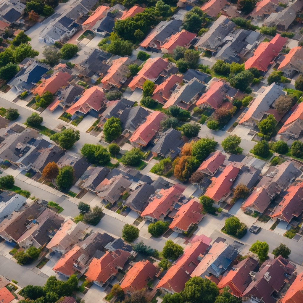 Aerial view of residential neighborhood showing quality roof replacement work