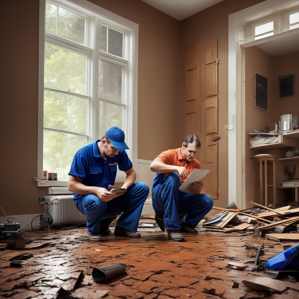 Roof leak repair specialist examining water damage inside residential home with inspection tools