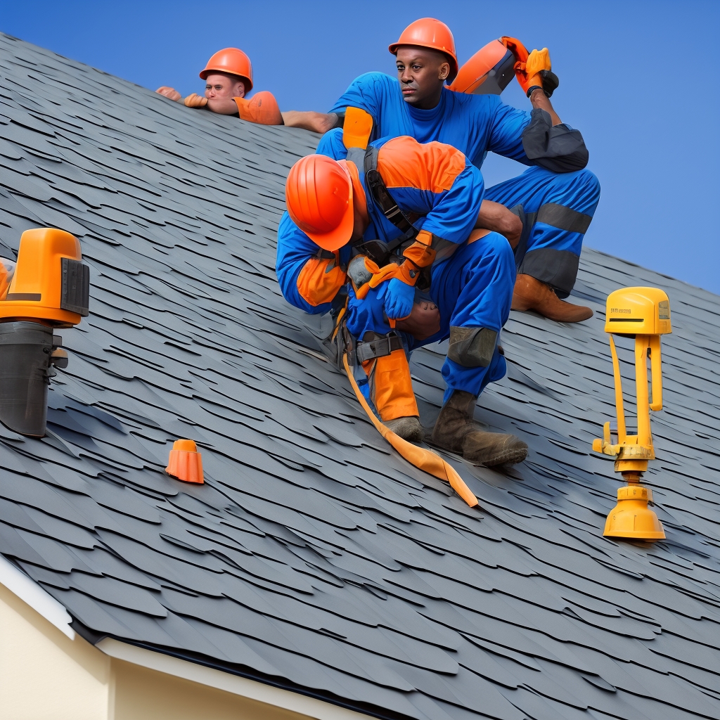 Professional roof replacement contractor team inspecting a residential roof with safety gear and clear blue sky