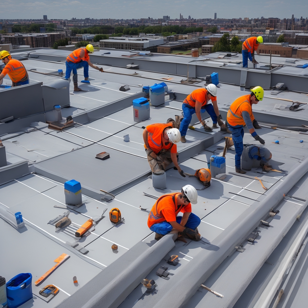 Commercial roofing crew working on large flat commercial building roof with membrane roofing system