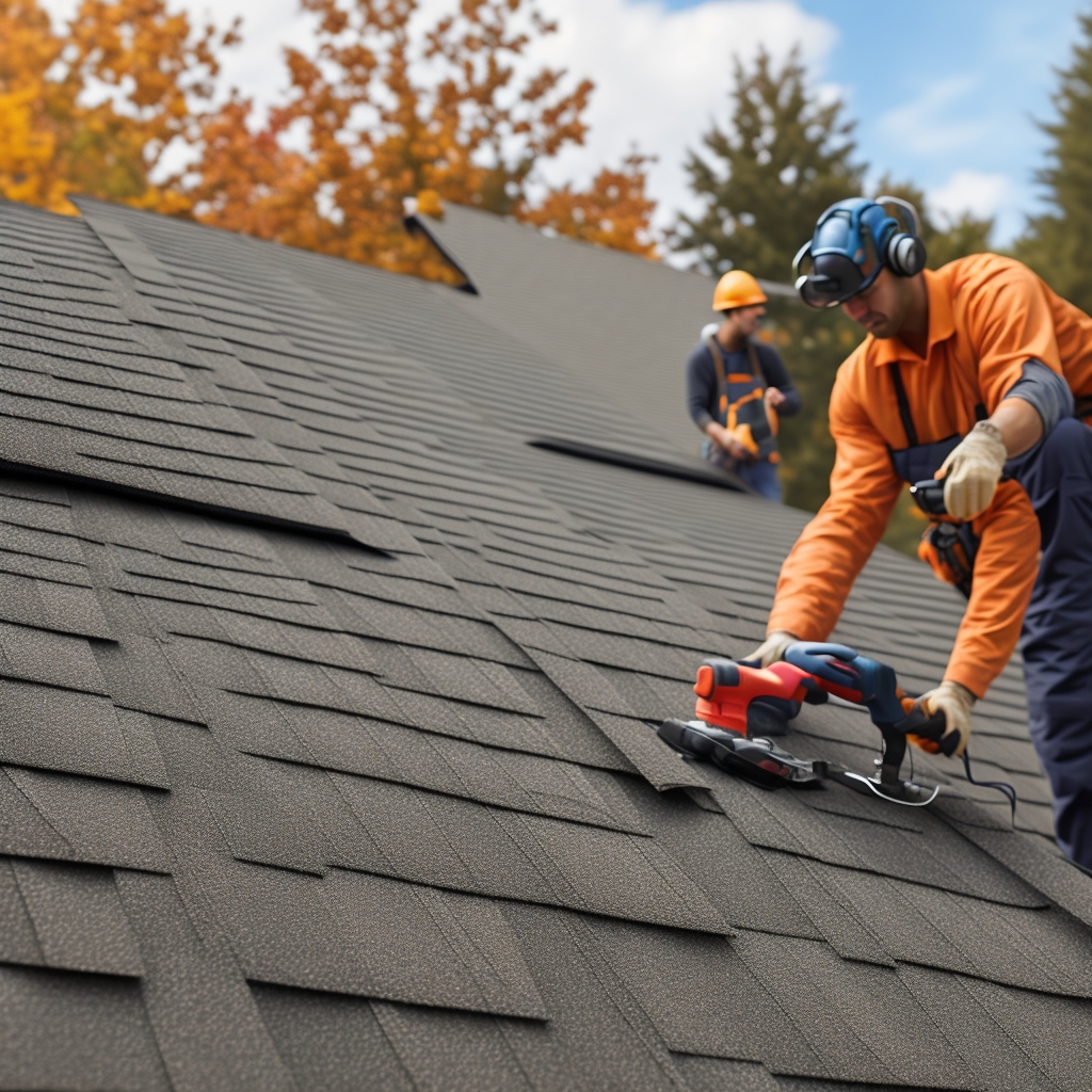 Roof repair service team installing new asphalt shingles on residential home rooftop